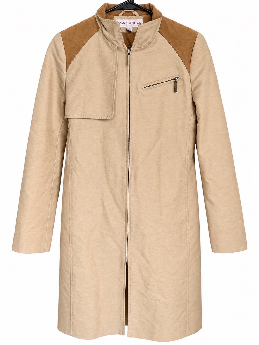 Via Spiga Beige Belted Coat with Tan Shoulder Panels